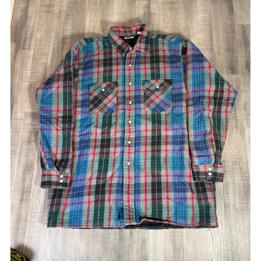 Vintage Five Brother Quilted Flannel Shirt Jacket Plaid Blue Red XL Tall USA